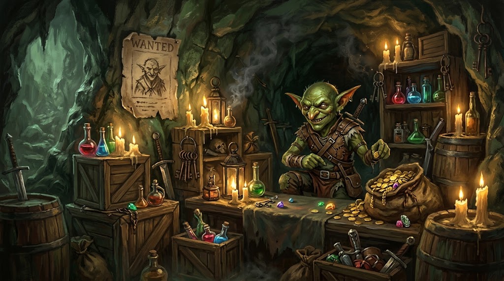 Painting of a goblin smuggler in a candlelit cave hideout